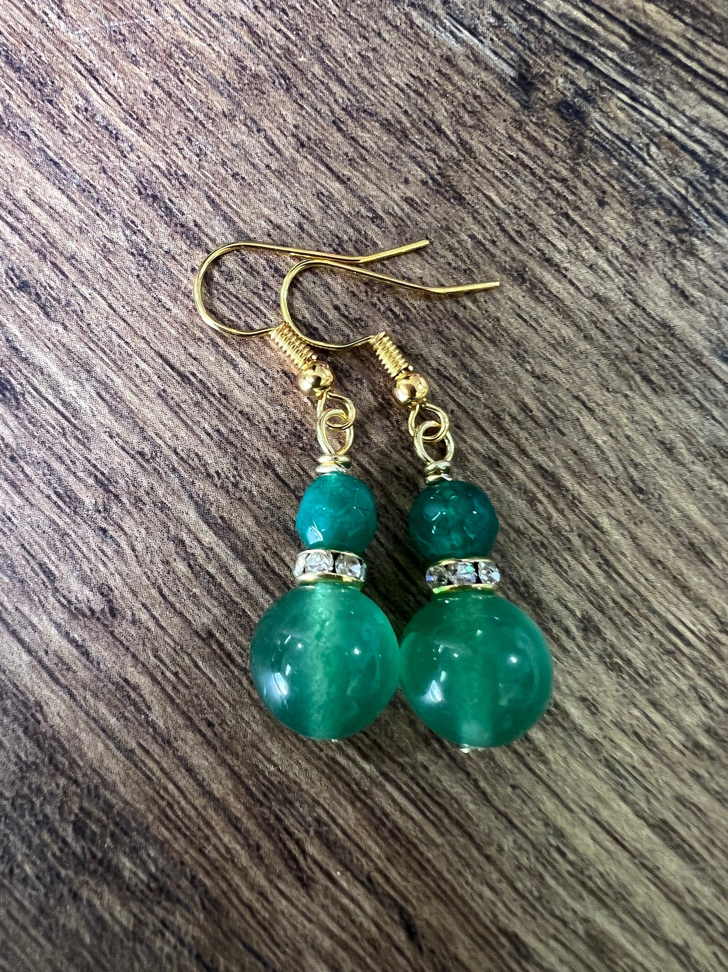 Green Aventurine 10mm smooth round rhinestone roundel and 6mm green jade spacer top gold wire wrapped handmade earrings, healing crystal