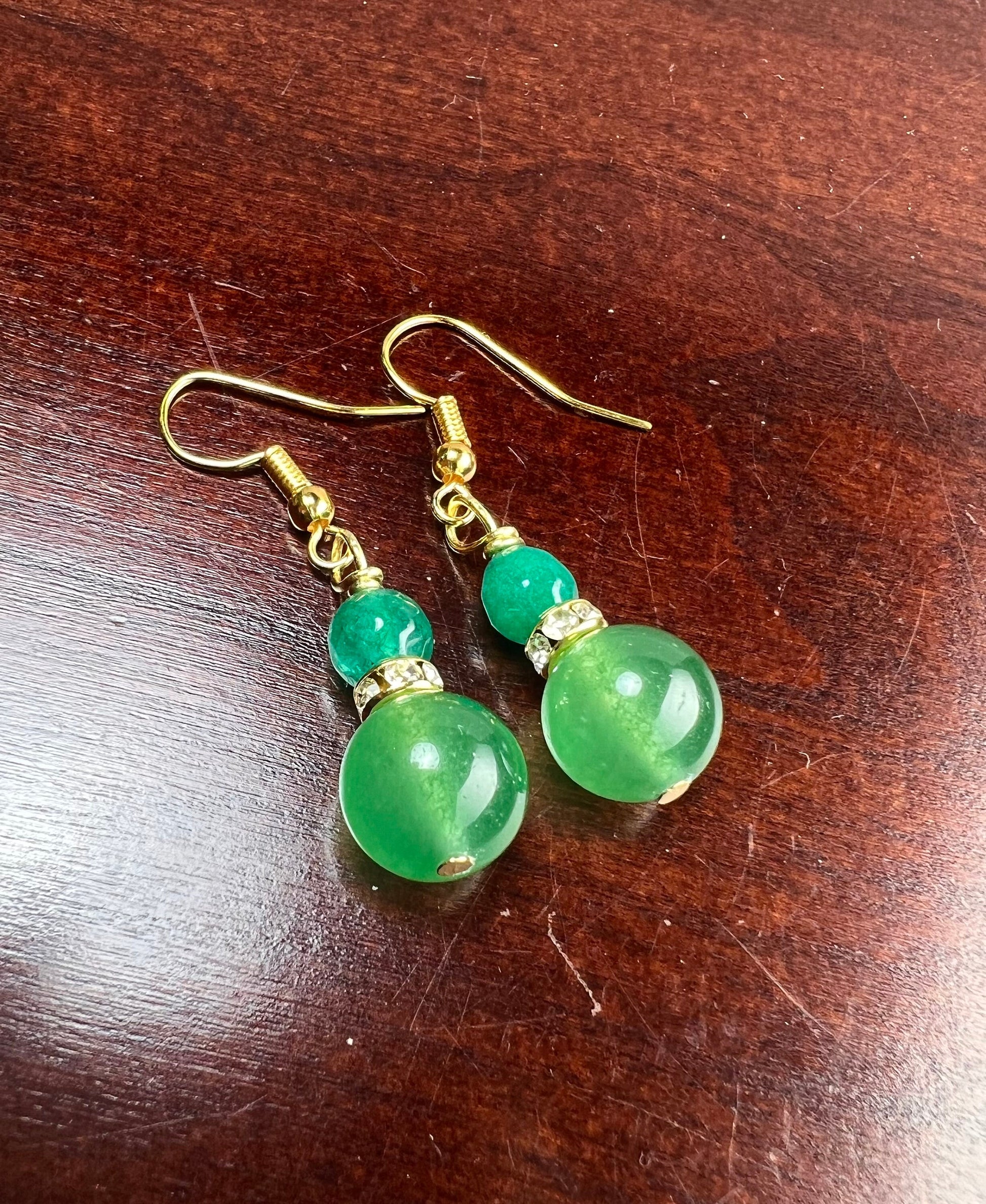 Green Aventurine 10mm smooth round rhinestone roundel and 6mm green jade spacer top gold wire wrapped handmade earrings, healing crystal