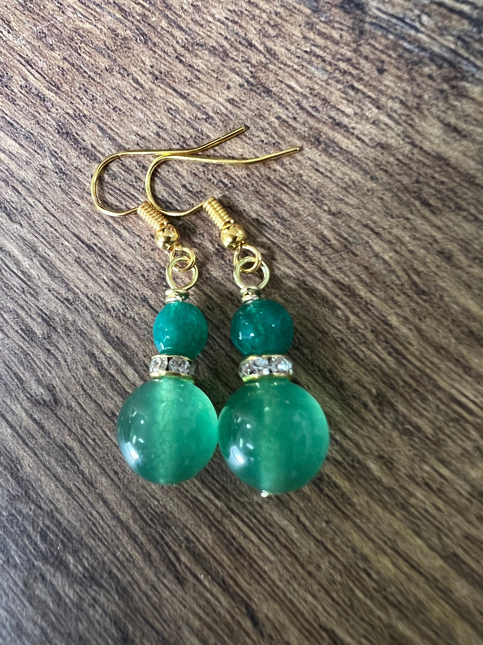 Green Aventurine 10mm smooth round rhinestone roundel and 6mm green jade spacer top gold wire wrapped handmade earrings, healing crystal