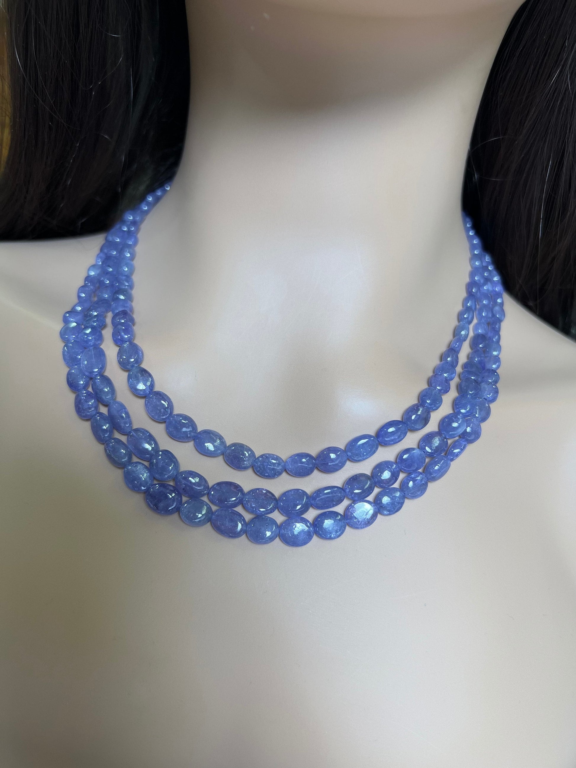 Natural Tanzanite Smooth Oval 7-10mm 3 Strand Necklace on adjustable Thread, 16” -18”bead with long adjustable Thread to 30” 378Cts