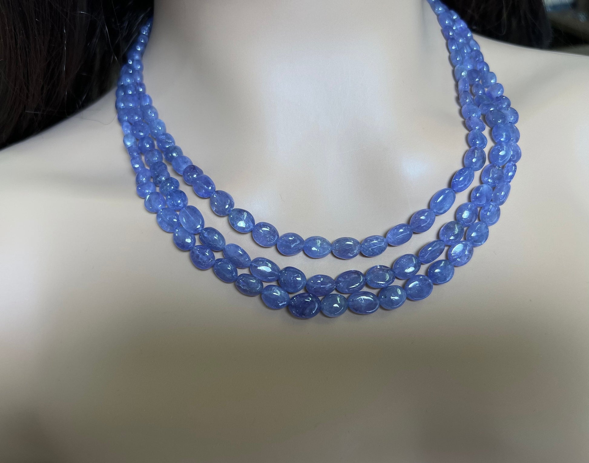 Natural Tanzanite Smooth Oval 7-10mm 3 Strand Necklace on adjustable Thread, 16” -18”bead with long adjustable Thread to 30” 378Cts