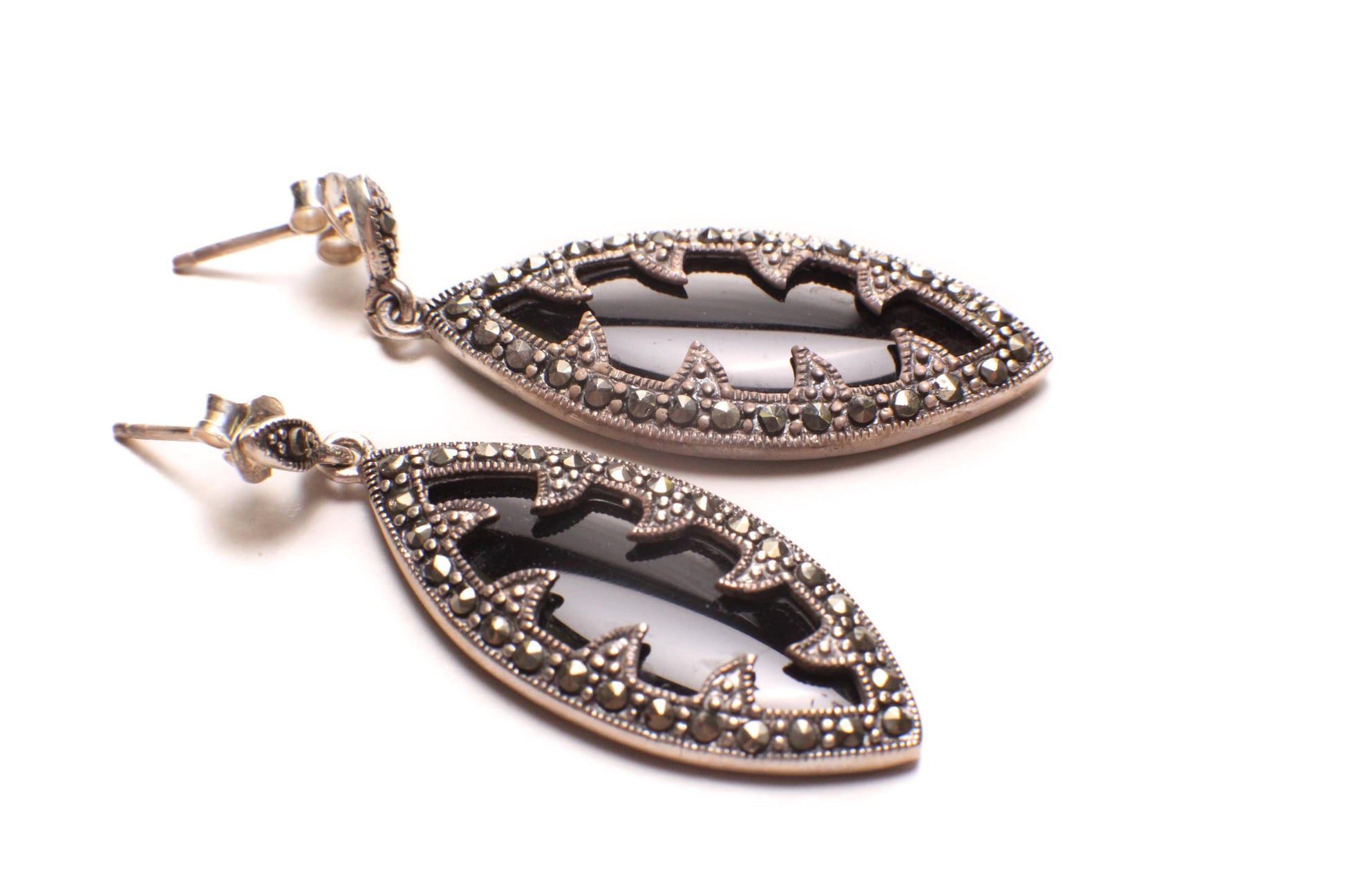Black Onyx 15x30mm Oval with 925 Sterling Silver Marcasite Earrings Post, Vintage, Antique Marcasite Earrings Gift for her