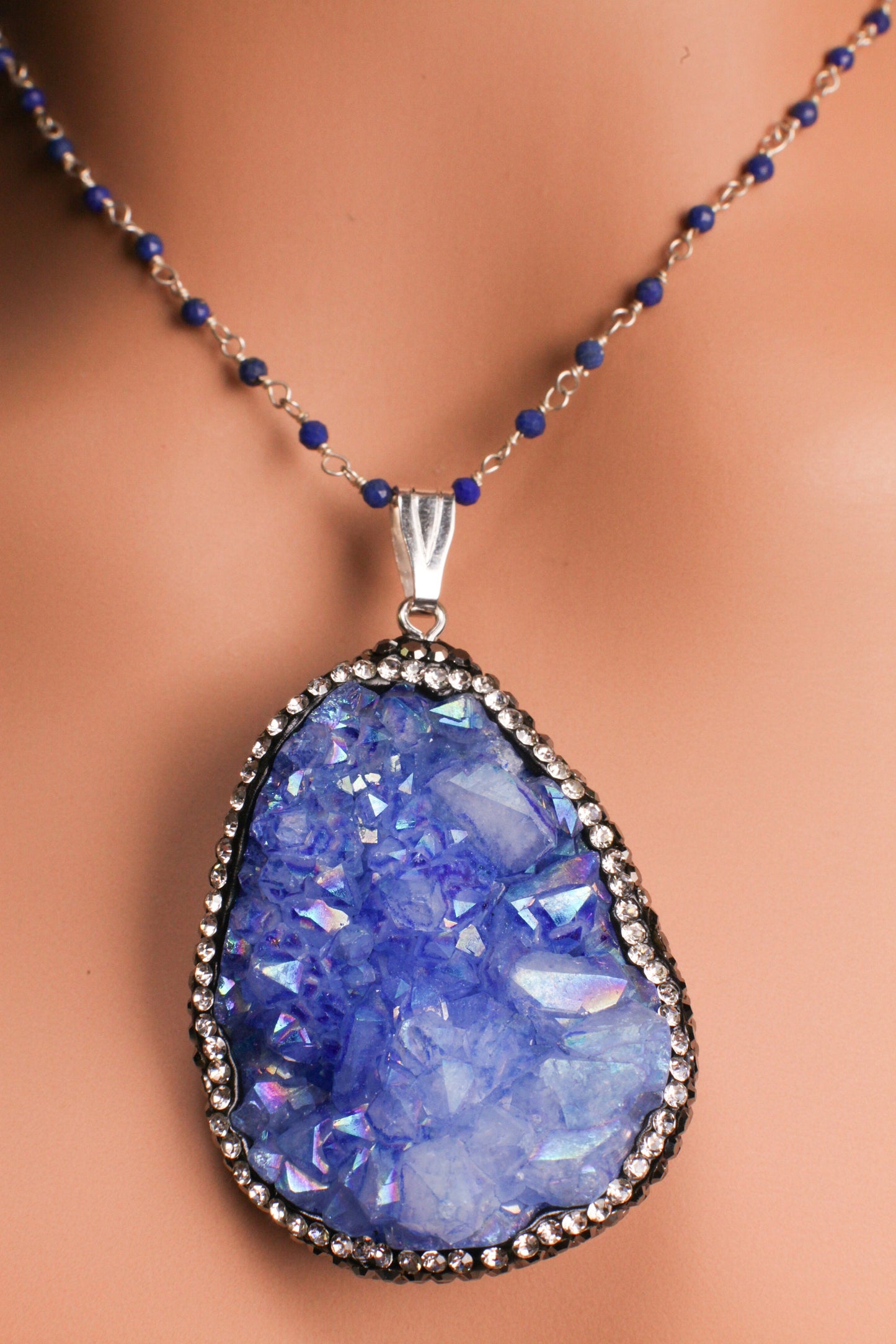 Natural Druzy Agate Auroa Borealis Blue Geode Pendant 36x48mm Handmade Rhinestone and Lapis Gemstone Chain Oxidized Sterling Silver Necklace