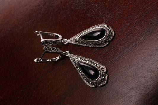 Marcasite 925 Sterling Silver Hinged Back Huggie Hoop Earrings, Teardrop Dangle Black Onyx, Vintage, Antique Marcasite Earrings Gift for her