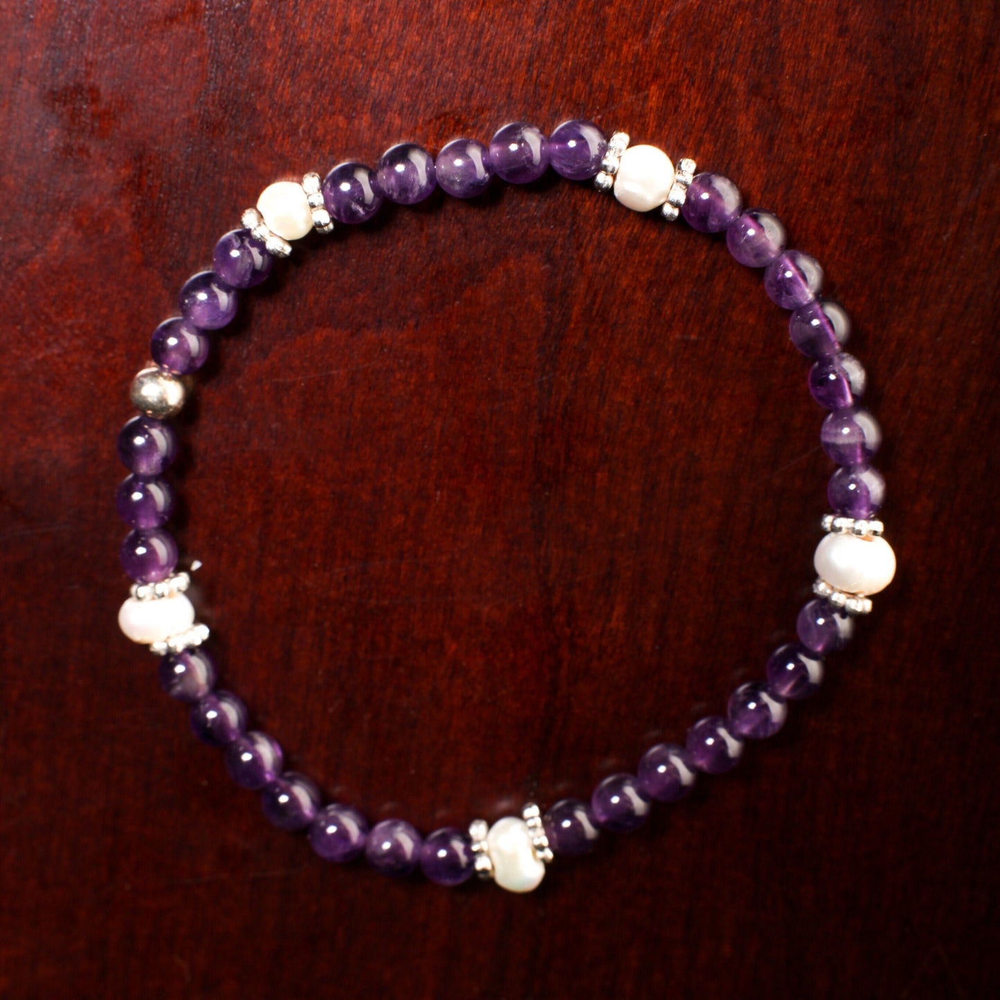 Natural Amethyst Round 4mm with Freshwater Pearl Rondelle Gemstone Bracelet, Healing Crystal, Yoga, Energy, Stretchy, Soothing Bracelet Gift