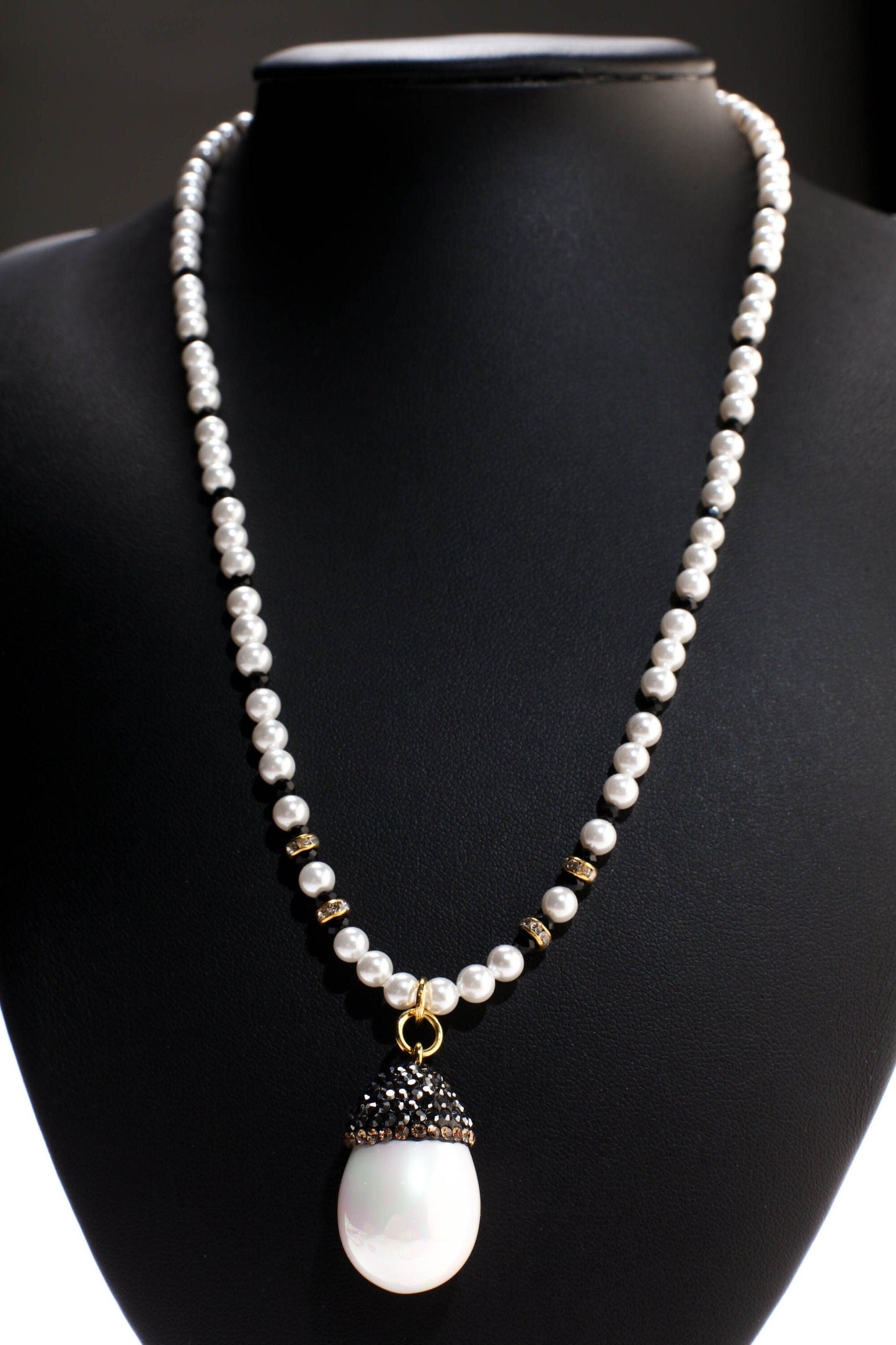 South Sea Shell Pearl Bridal Necklace, Tear Drop Pave Crystal Bead Cap Dangling Earrings Sets, Black Spinel Spacers, Gold Clasp Jewelry Set