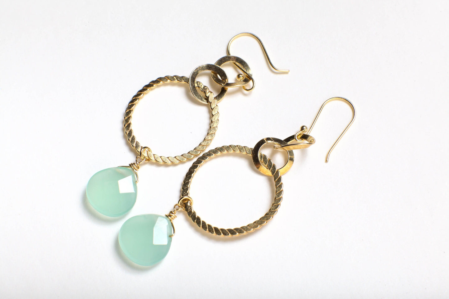 Aqua Chalcedony Faceted heart Drop Wire Wrapped Dangling with Hammered 18k Gold vermeil 925 Sterling Silver Hoop Earrings valentines gift