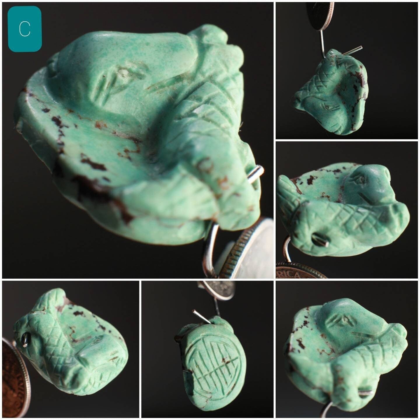 Natural Turquoise Hand Crafted Snake Pendant, Top Drilled, Miniature Animals Collectible Figurines Vintage Sculpture, Old Stock