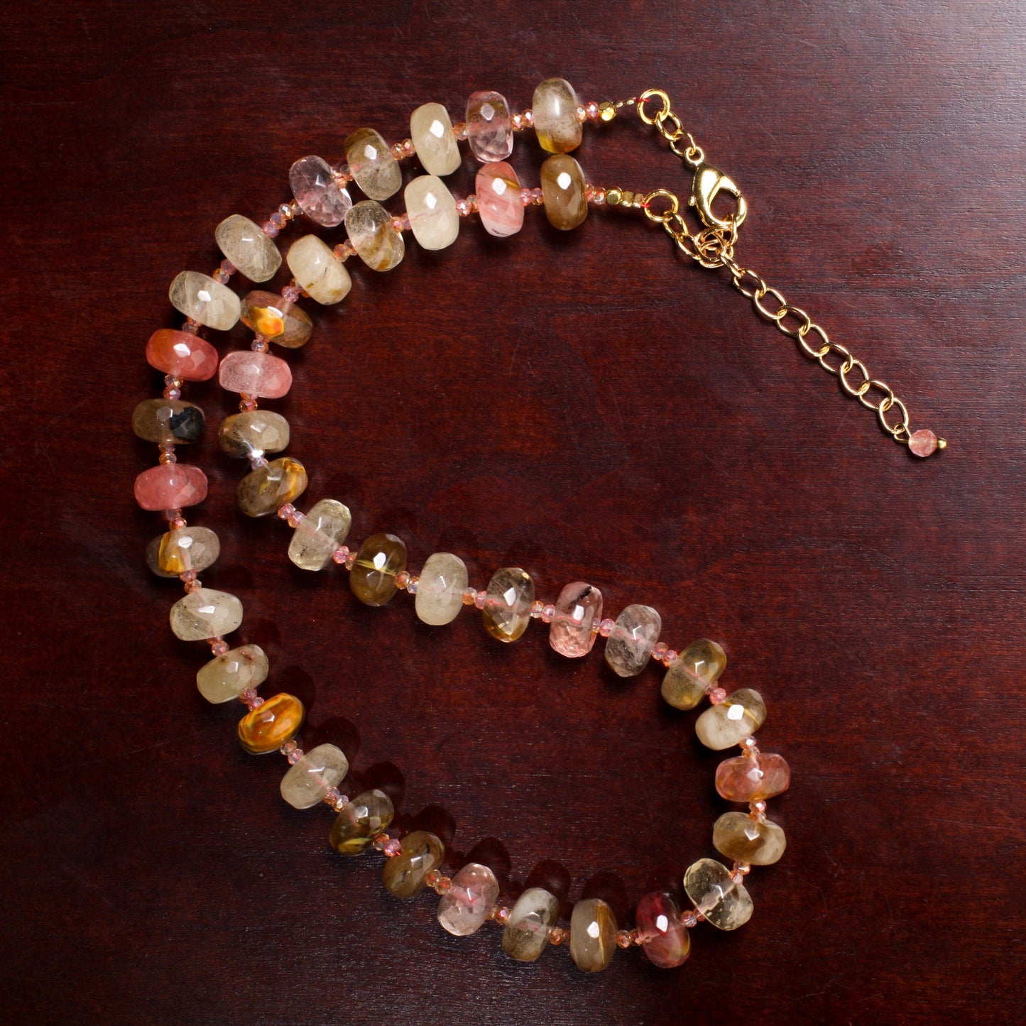 Fire Strawberry Quartz Faceted 12mm Rondelle 18.5&quot; Gold Necklace with 2.5&quot; Extension, Beautiful Summer Collection