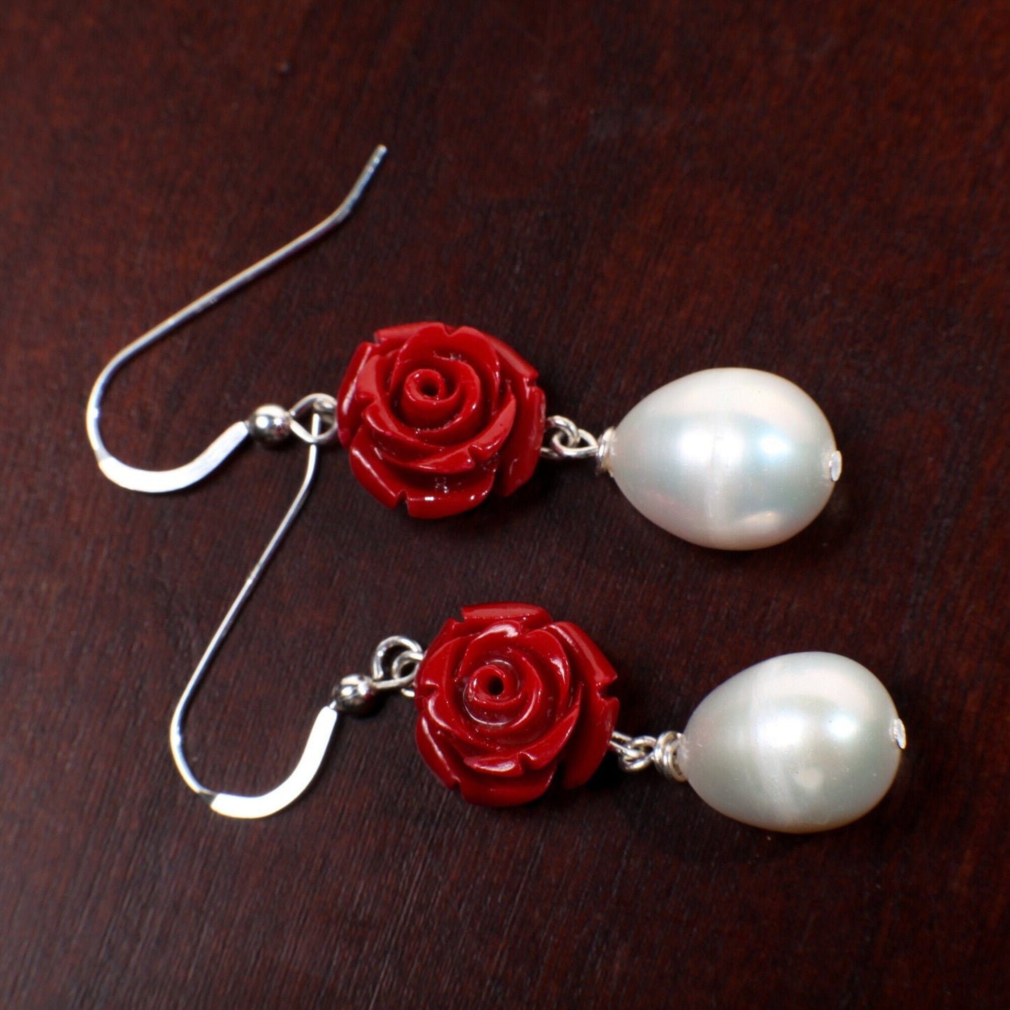Freshwater Dangling Baroque Pearl with Red Rose Flower bead in 925 Sterling Silver Earwire, Bridal, Boho, Handmade Gift