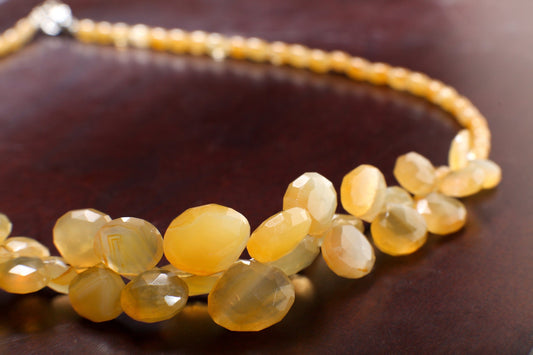 Yellow Chalcedony Necklace, Natural Yellow Chalcedony Faceted Graduated Heart Briolette Teardrop, Matching Ambronite Rice Oval 20&quot; Necklace
