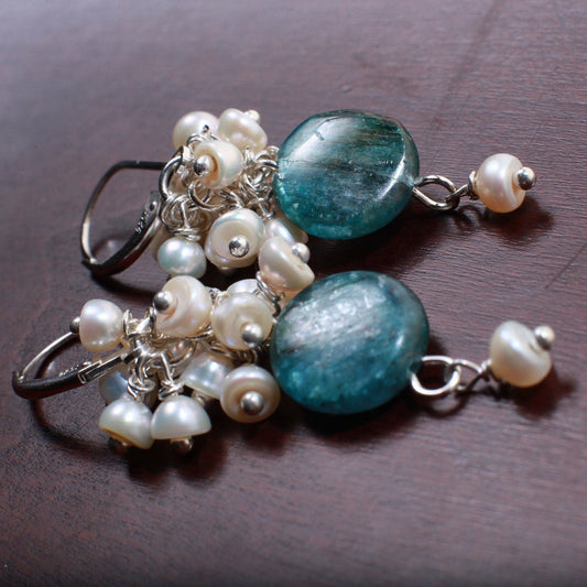 Natural Kyanite Coin Shape Dangling with Natural Fresh Water Pearl Clusters in .925 Sterling Silver Leverback Earring.