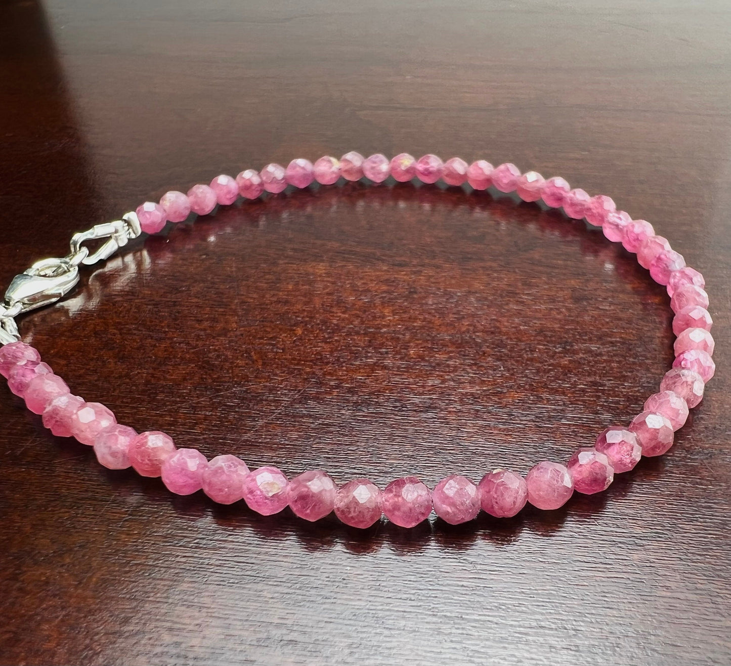 Natural Pink Tourmaline 2.5-3mm Faceted round Bracelet in 925 Sterling Silver. Valentines, Pink gift for her ,