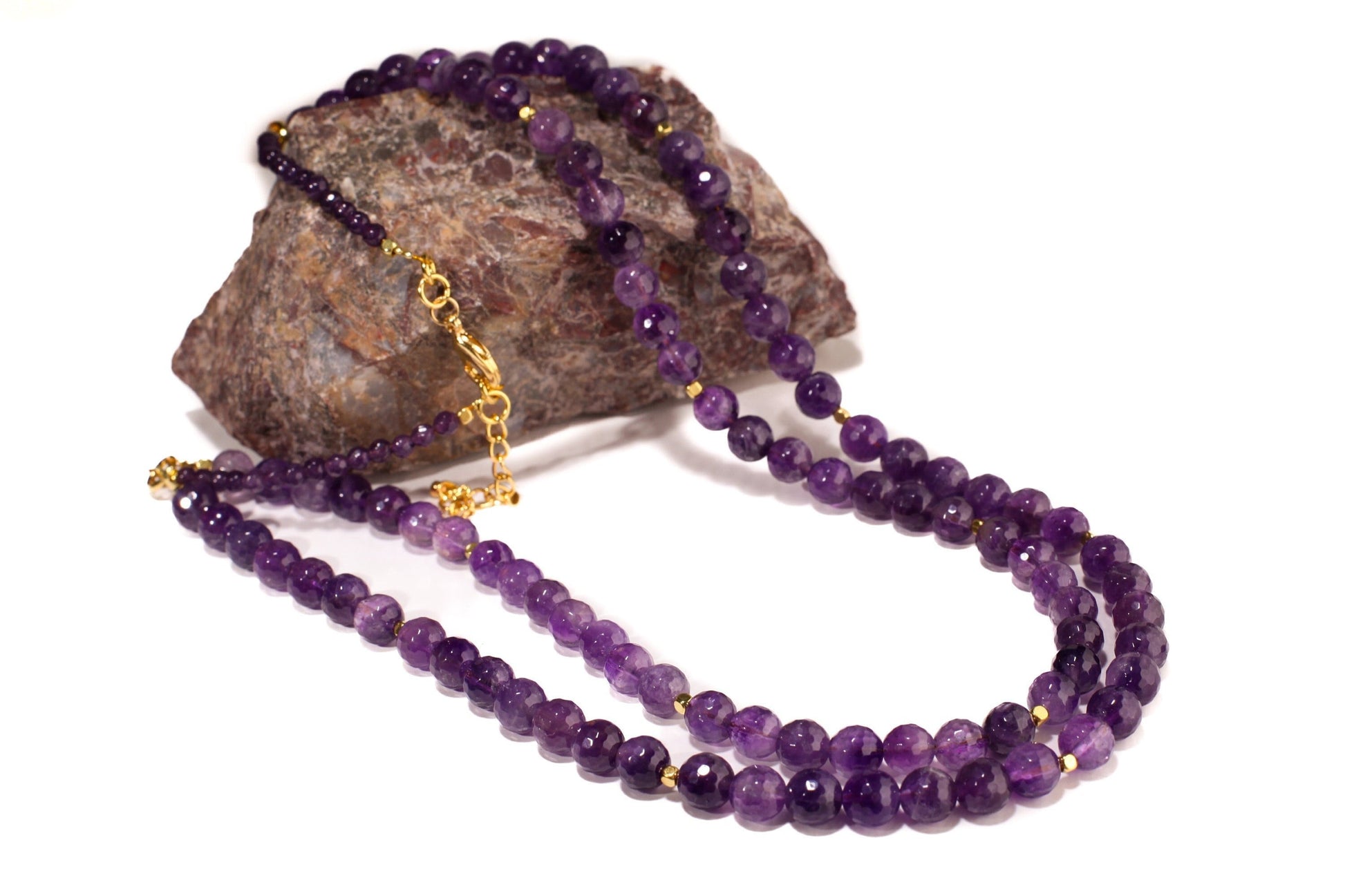 Natural Amethyst Purple 8mm Faceted Double Layered Front and 4mm Faceted Back Total 18&quot; and 20&quot; 2 Layer Gold Necklace Plus 2&quot; Extension