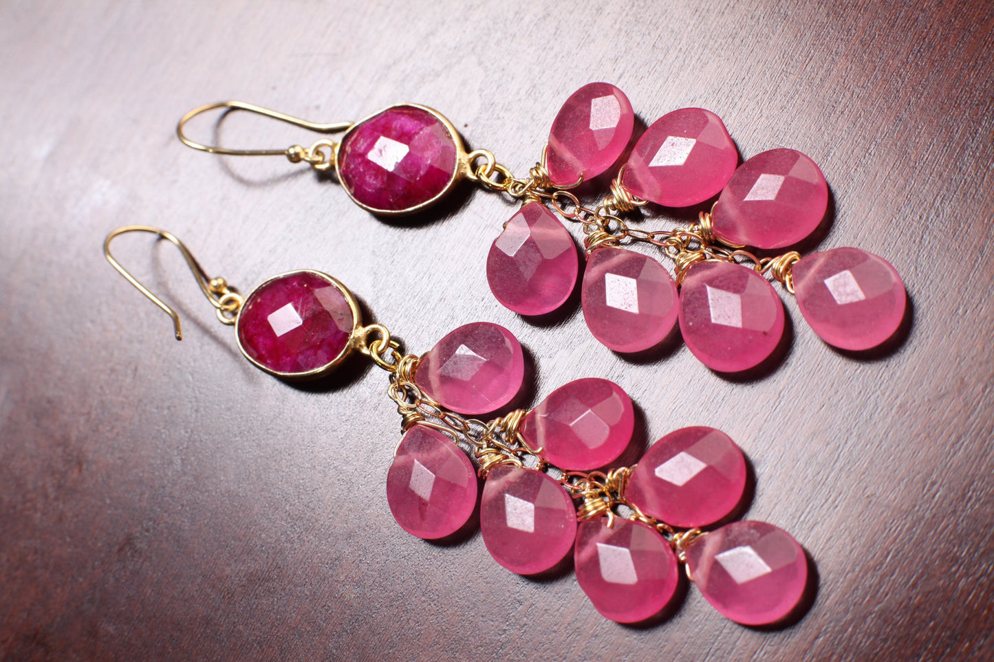 Genuine Ruby Bezel , hot Pink Chalcedony 9x13mm teardrop Wire Wrapped In 22k Gold vermeil,gold over 925 Sterling Silver Cascade earrings