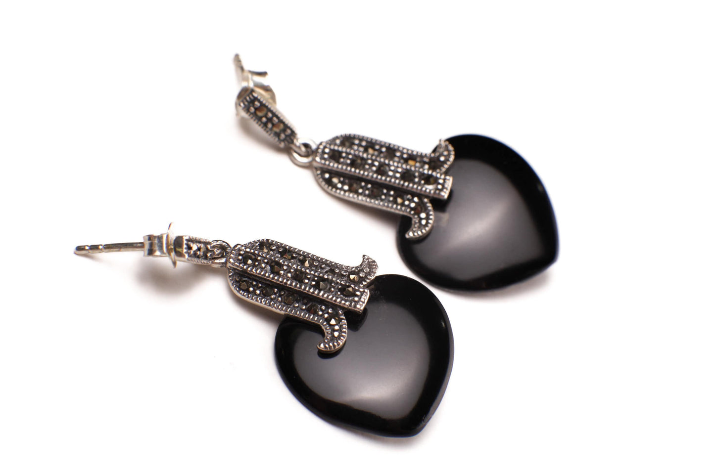 Marcasite 925 Sterling Silver Earrings Post with Dangle Black Onyx Heart Shape 17mm Vintage, Antique Marcasite Earrings Gift for her