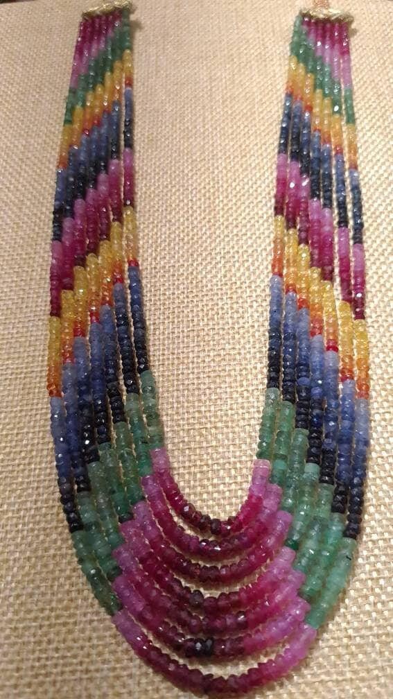 Natural Multi Sapphire 7 Line 3-4mm Graduated Faceted Roundel Gemstone 16.5&quot; with Adjustable thread Necklace