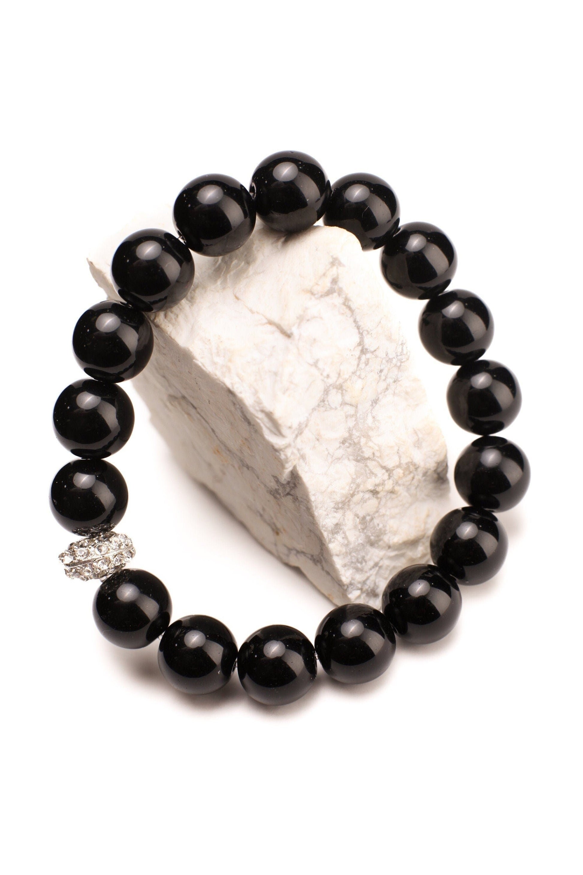 Black Onyx 12mm with Rhinestone spacer, Natural Gemstone, Healing, Yoga, Crystal Chakra Stretch Bracelet 8&quot;