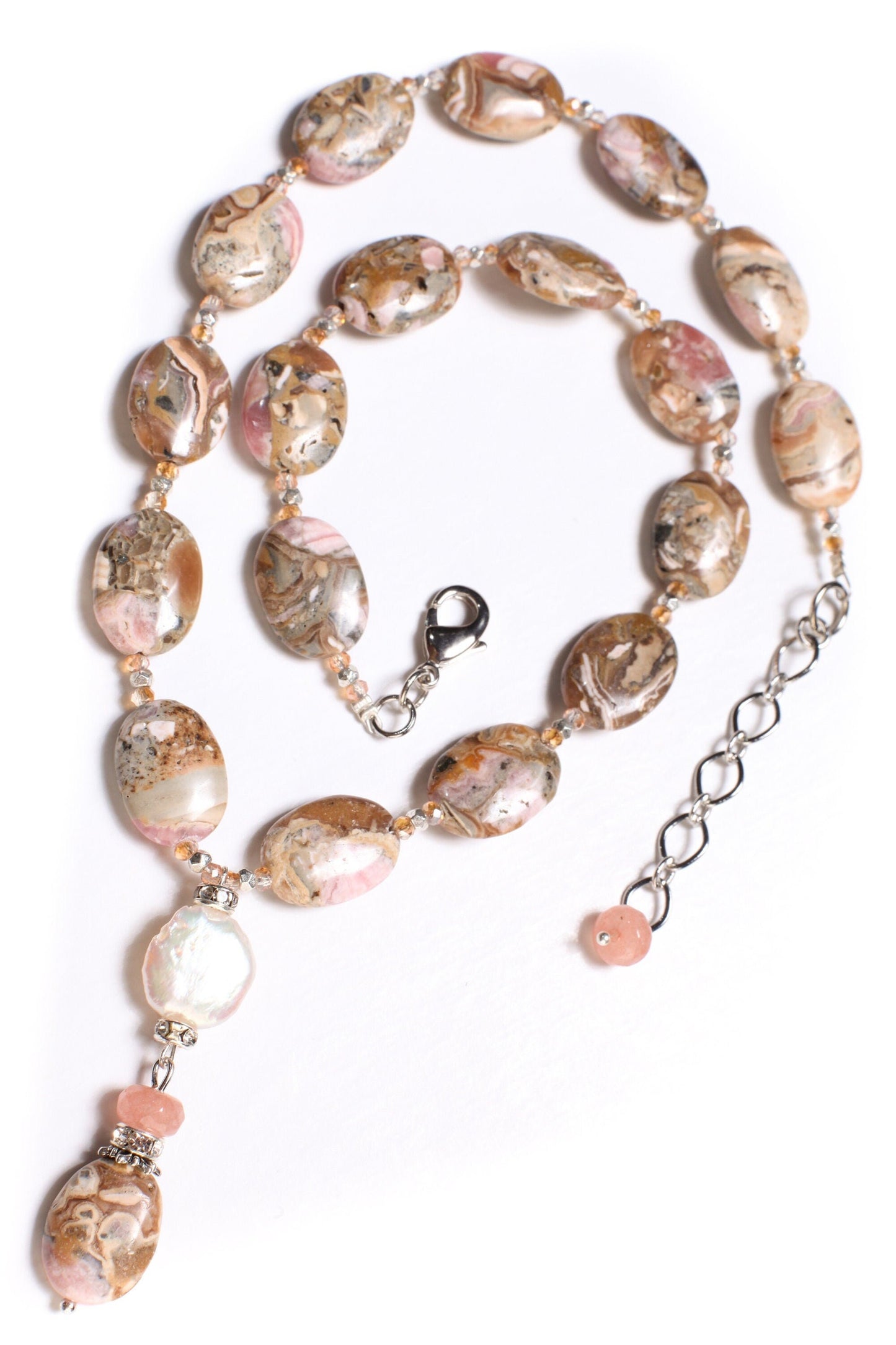 Natural Argentina Rhodochrosite Rare Gemstone 10x14mm Oval Necklace with Extended Chain Freshwater Coin Pearl accents pendant.18.5&quot; plus 2&quot;