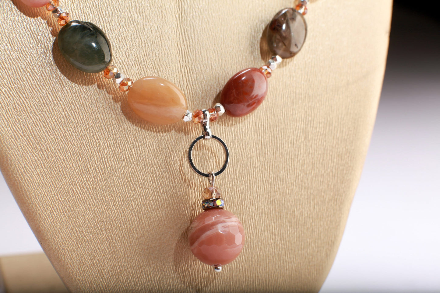 Natural Multi Rutilated Quartz Smooth AAA Oval, accent Peach Moonstone Pendant with Rhodium Clasp 18&quot; Necklace with 2&quot; Extension Chain