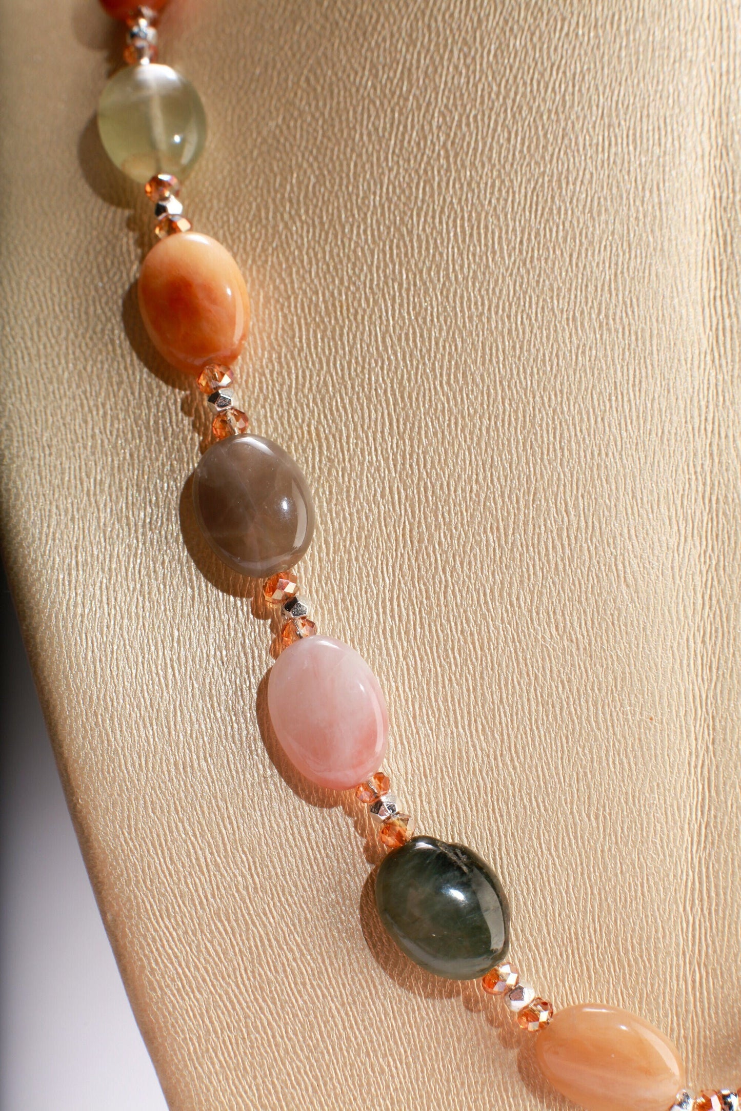 Natural Multi Rutilated Quartz Smooth AAA Oval, accent Peach Moonstone Pendant with Rhodium Clasp 18&quot; Necklace with 2&quot; Extension Chain