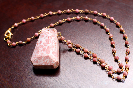 Opal Faceted Trapezoid Gemstone Pendant with Pink Rhodonite Wire Wrapped Gold Chain 20&quot; long Necklace, Natural Gemstone Gift