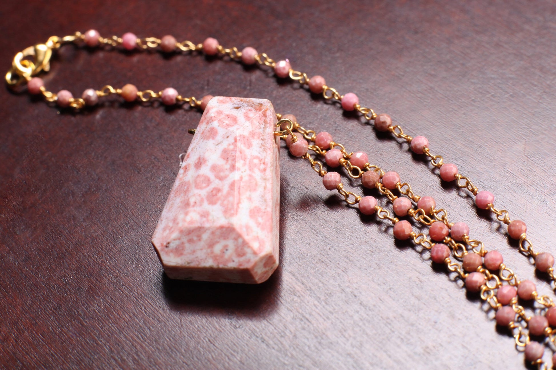 Opal Faceted Trapezoid Gemstone Pendant with Pink Rhodonite Wire Wrapped Gold Chain 20&quot; long Necklace, Natural Gemstone Gift