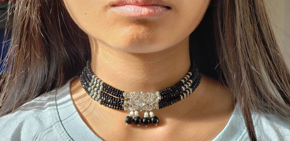 Black Onyx Rhinestones Roundel with Crystal Statement piece and Dangling Onyx Adjustable 5 line Multi Strand Choker 12.5&quot; to 15&quot;