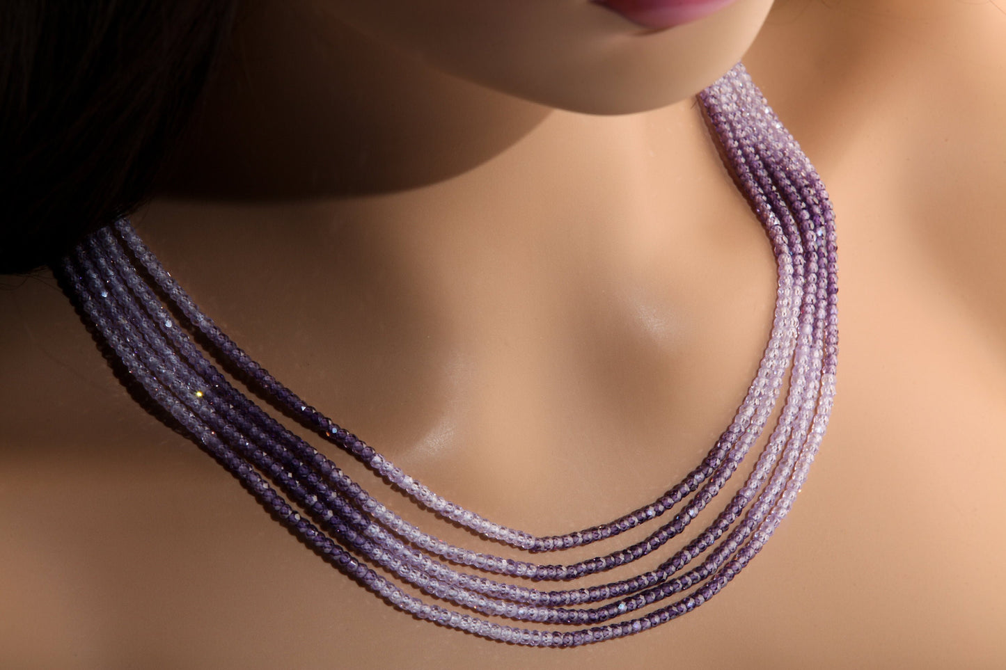 Cubic Zirconia CZ Ombre Amethyst Shaded 5 Strands 17&quot; Necklace Plus 9&quot; Adjustable Thread