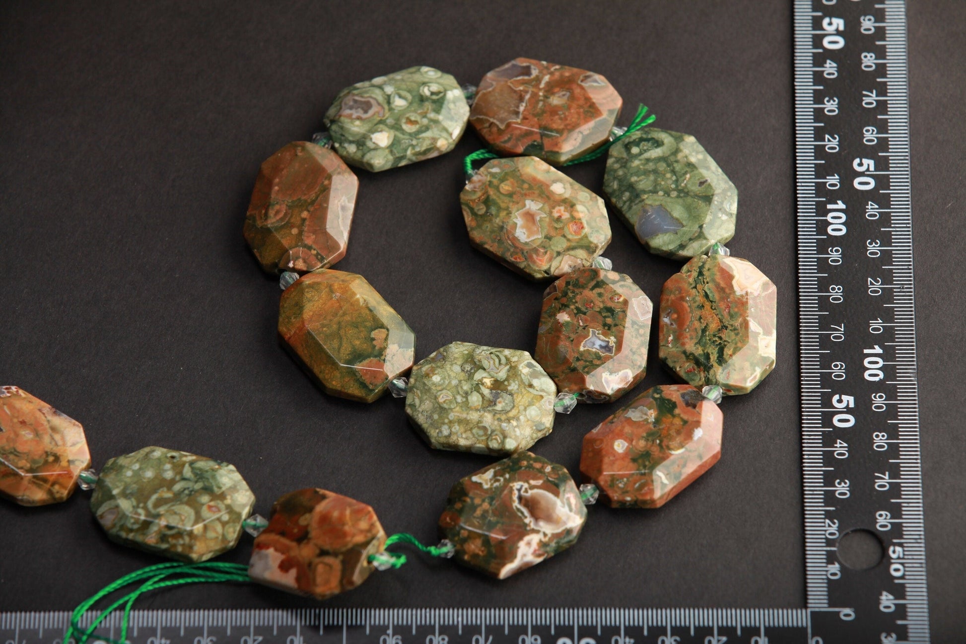 Natural Rain-forest Rhyolite Faceted Pillow Slab 16&quot; Strand, 2mm Large Hole