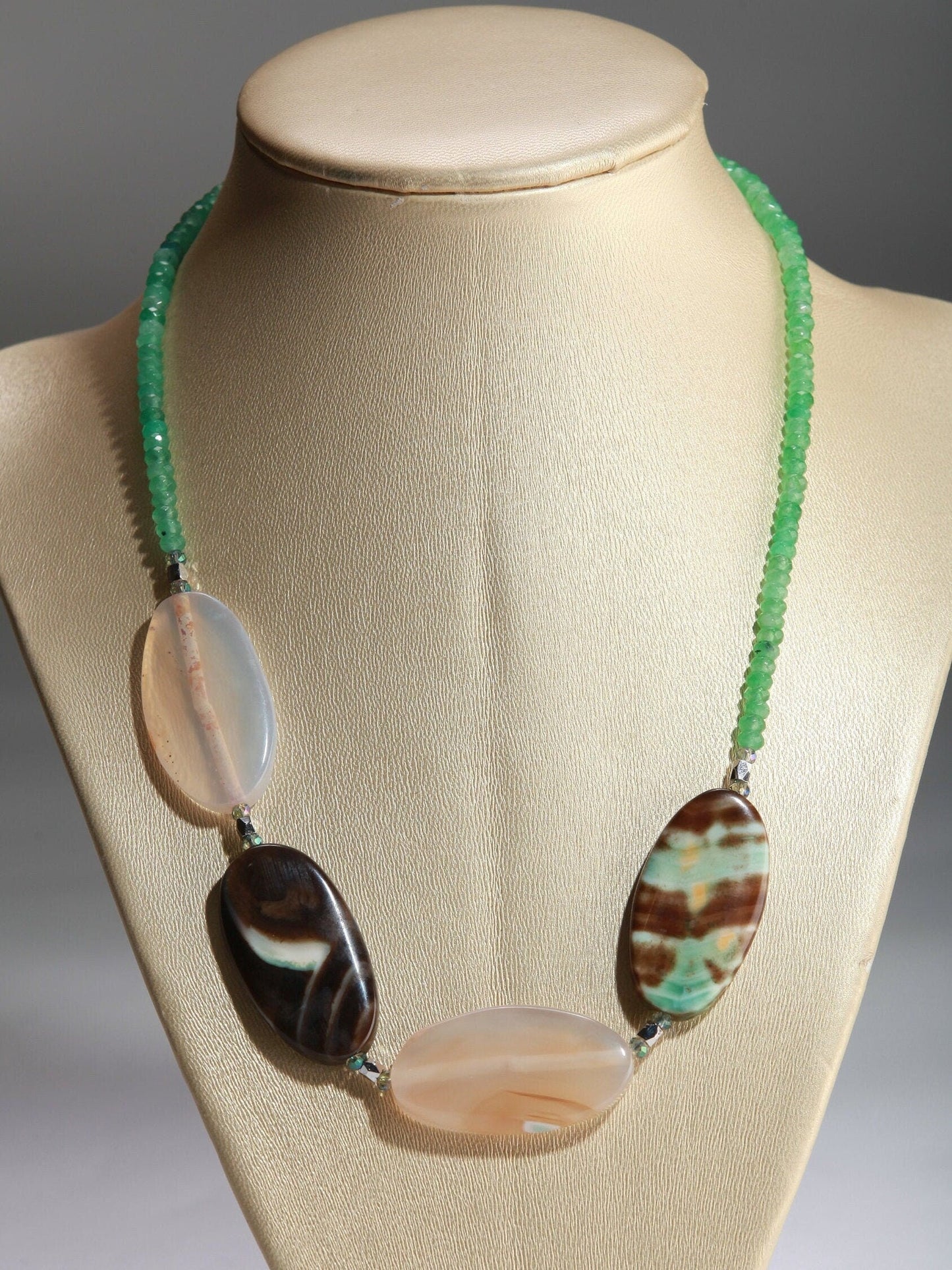 Chrysoprase 4mm faceted roundel with 22x38large natural green banded Agate silver necklace, 18” plus 2” extension