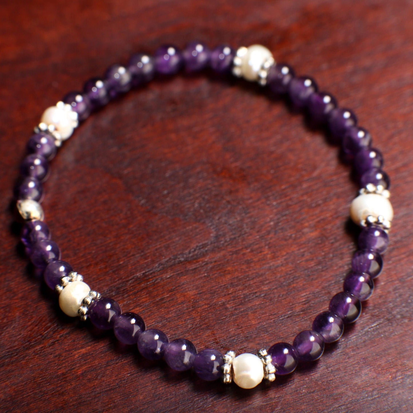 Natural Amethyst Round 4mm with Freshwater Pearl Rondelle Gemstone Bracelet, Healing Crystal, Yoga, Energy, Stretchy, Soothing Bracelet Gift