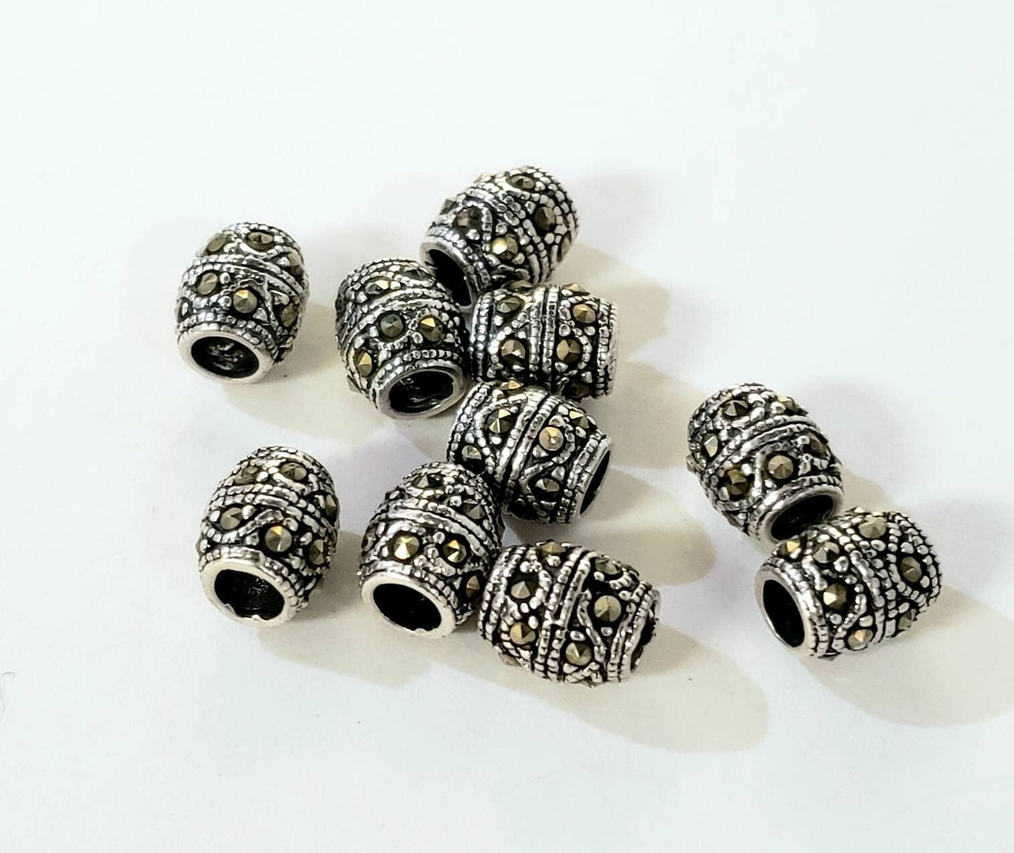 2 pieces Marcasite 925 sterling silver 7×8mm, 3mm Hole, oval drum vintage spacer bead , jewelry making necklace bracelet earrings spacers