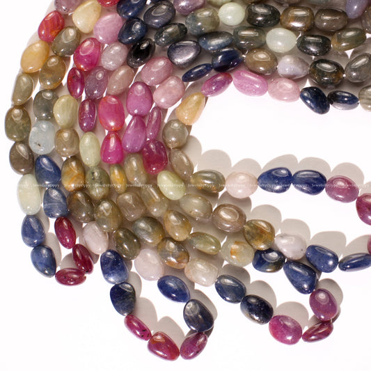 Natural Multi Sapphire Smooth Oval, 9x12-13mm Shaded Free Form Oval Nugget Gemstone, Jewelry making Beads 6&quot;, 12&quot; Strand.