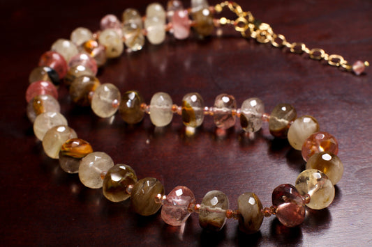 Fire Strawberry Quartz Faceted 12mm Rondelle 18.5&quot; Gold Necklace with 2.5&quot; Extension, Beautiful Summer Collection