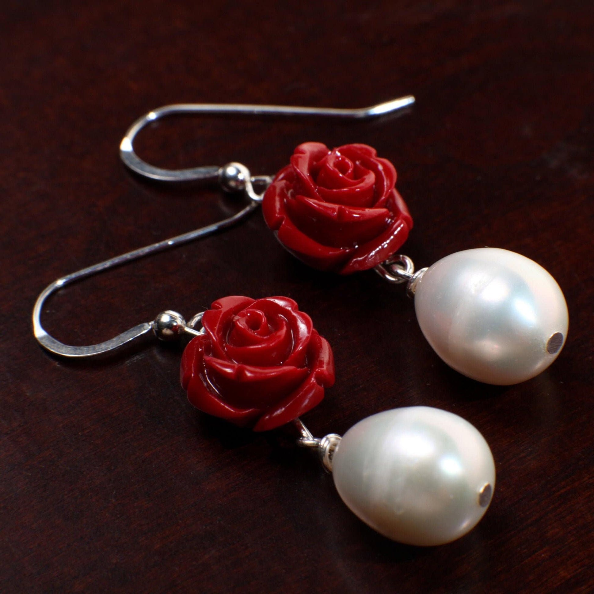 Freshwater Dangling Baroque Pearl with Red Rose Flower bead in 925 Sterling Silver Earwire, Bridal, Boho, Handmade Gift