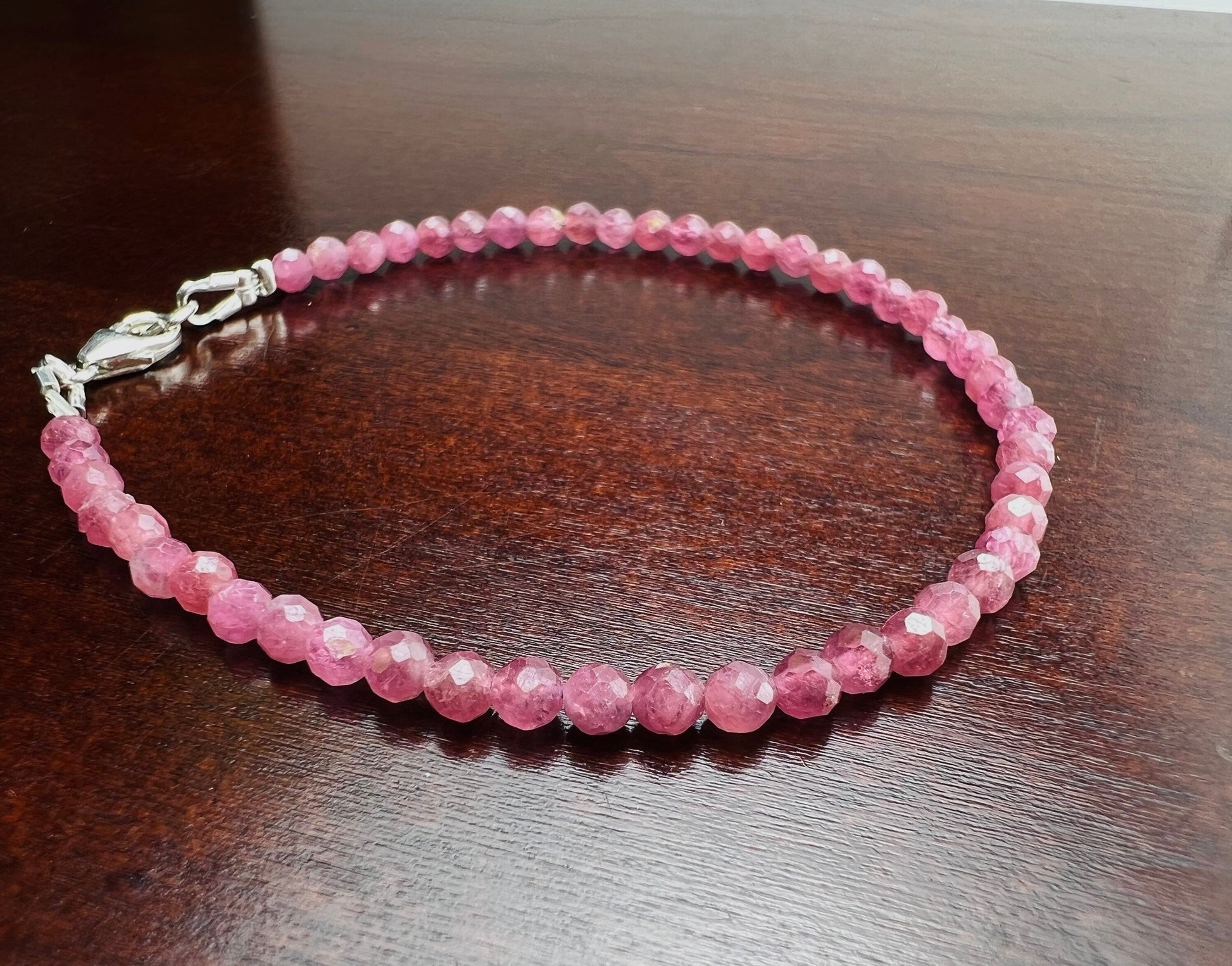 Natural Pink Tourmaline 2.5-3mm Faceted round Bracelet in 925 Sterling Silver. Valentines, Pink gift for her ,