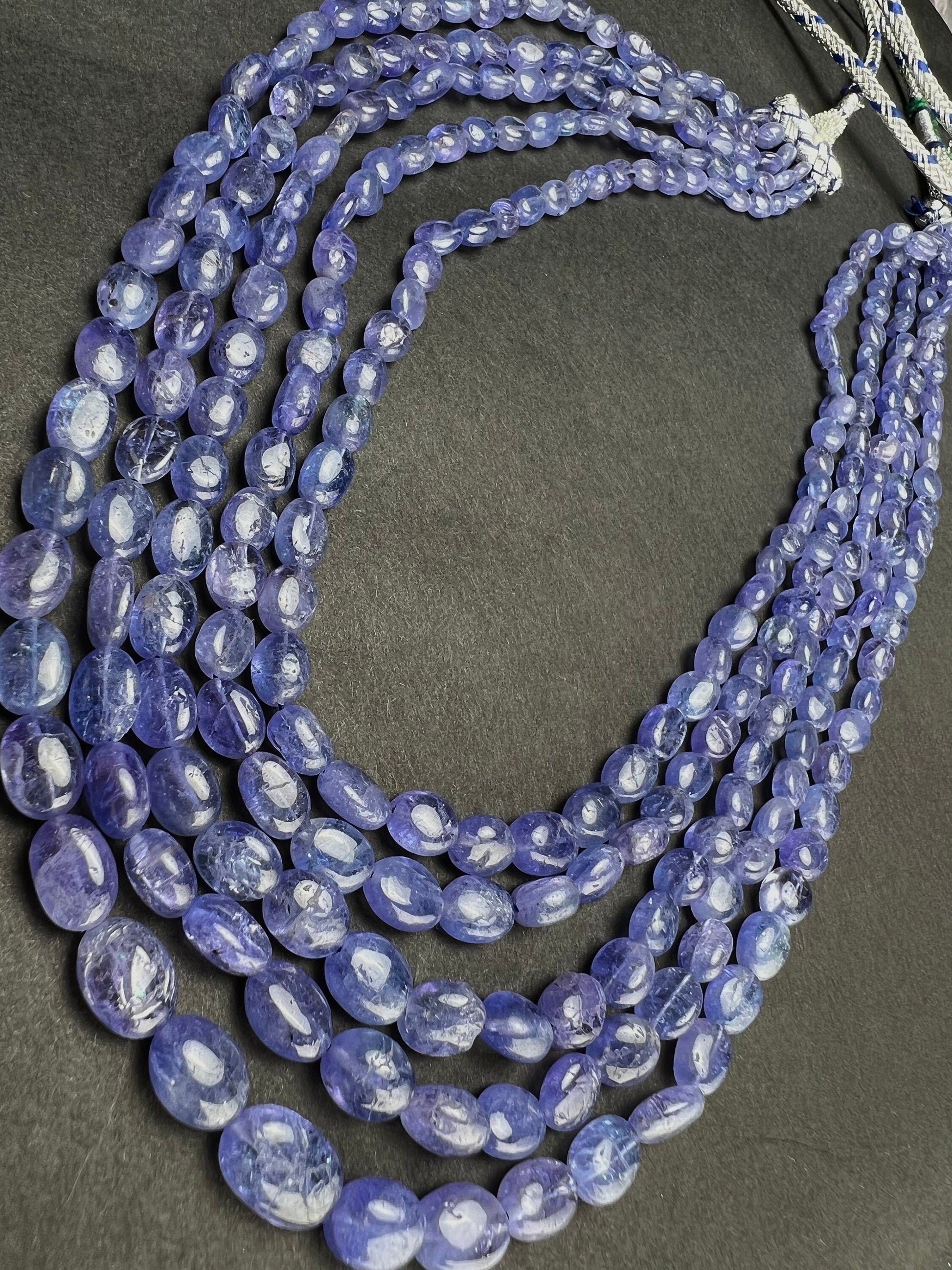 3, 5 line Tanzanite Smooth Oval 7-10mm Necklace,16&quot; -18”AAA quality natural Tanzanite oval bead with long adjustable Thread to 30&quot;