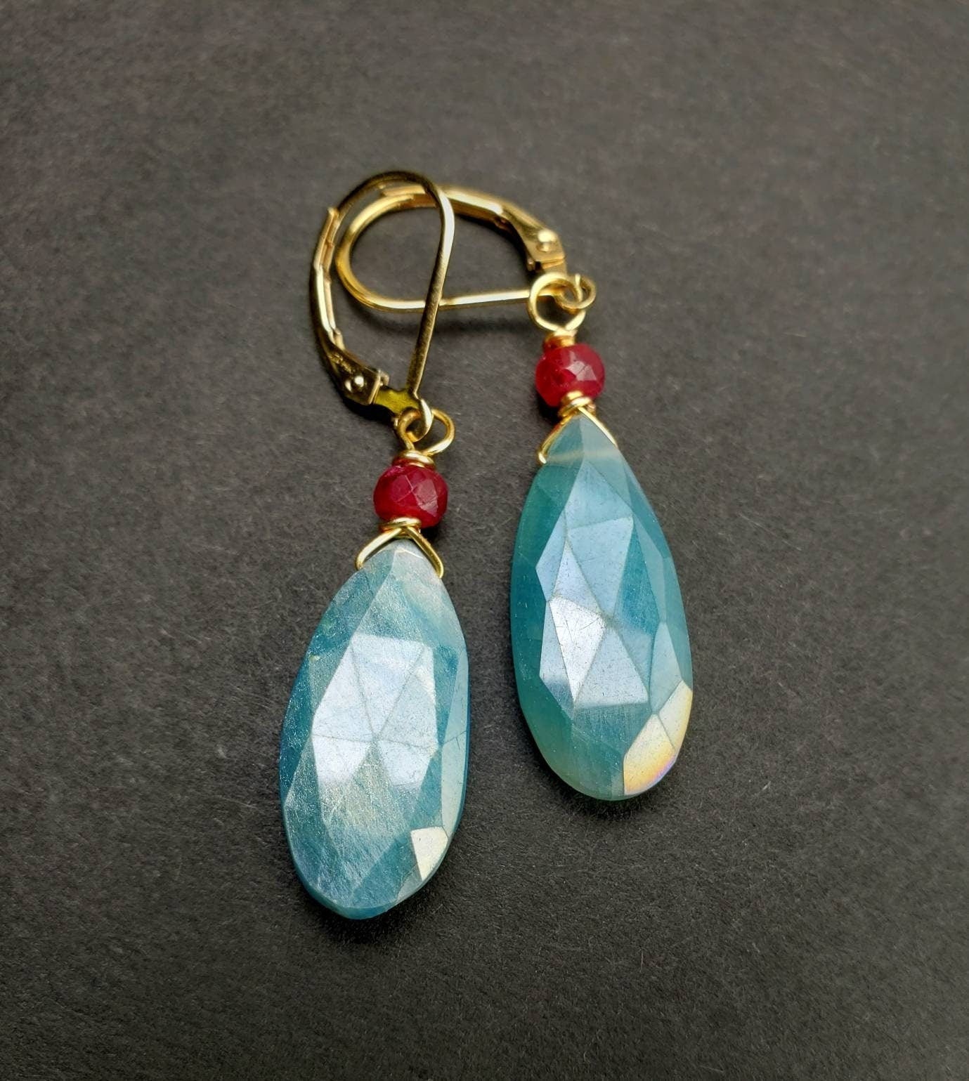 Blue Moonstone Faceted Long Pear Drop 10x21mmWire Wrapped, 4mm Genuine ruby accent 14k Gold Filled or 925 sterling Earring, Elegant Gift