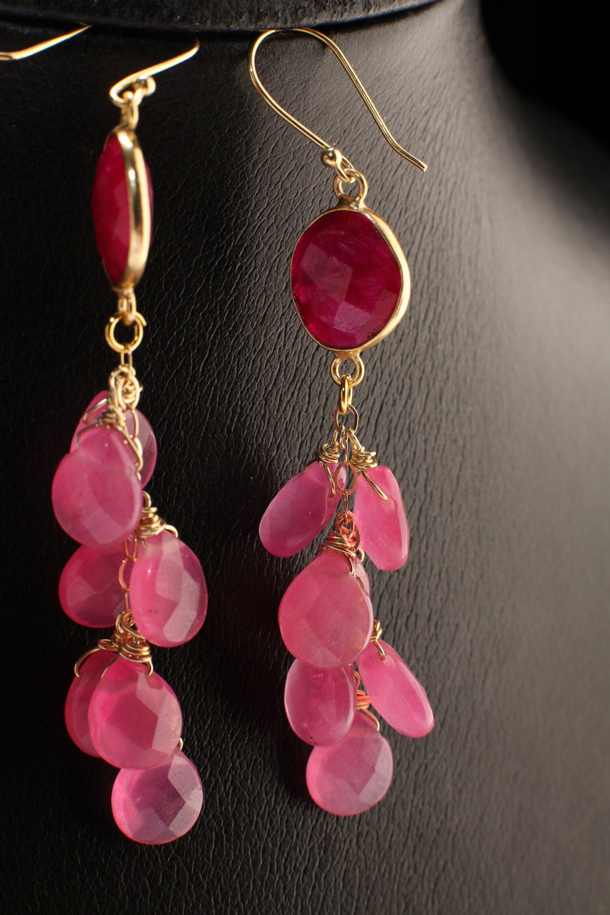 Genuine Ruby Bezel , hot Pink Chalcedony 9x13mm teardrop Wire Wrapped In 22k Gold vermeil,gold over 925 Sterling Silver Cascade earrings
