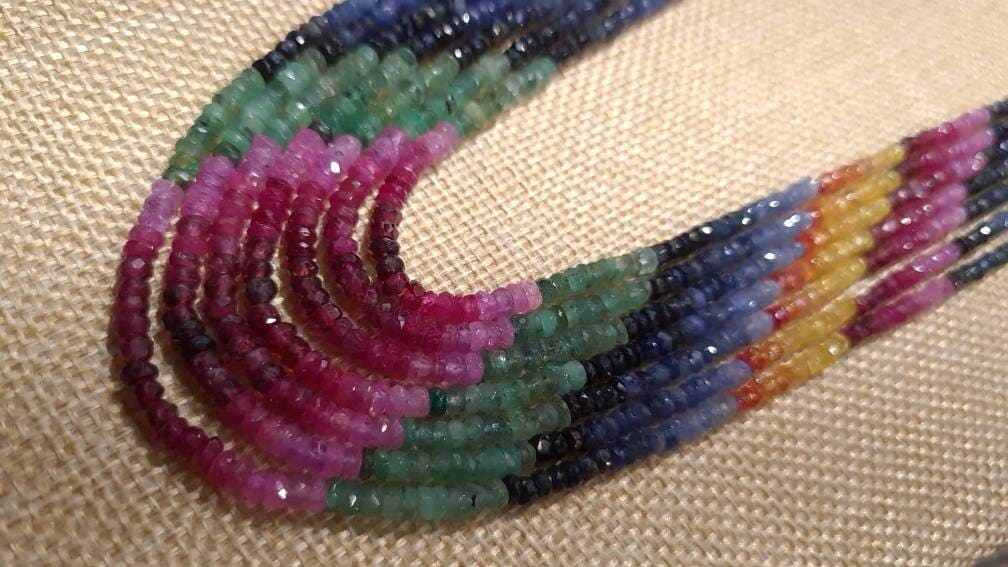 Natural Multi Sapphire 7 Line 3-4mm Graduated Faceted Roundel Gemstone 16.5&quot; with Adjustable thread Necklace