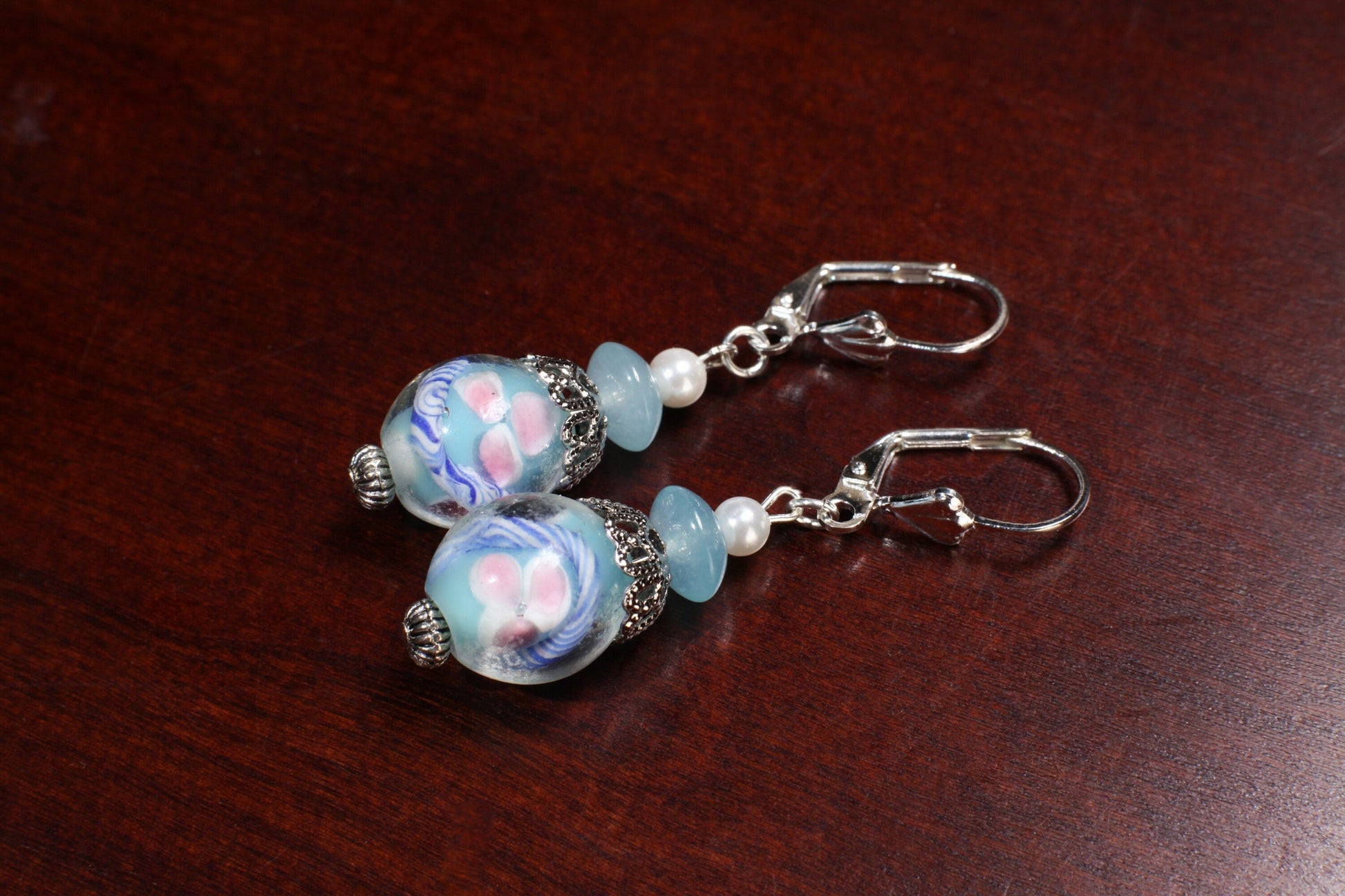 Blue Pink Flower Oval Czech Glass Lamp work Glass Bead, Aquamarine Rondelle, Pearl Rhodium Cap Earrings in Leverback or Long Kidney Earwire