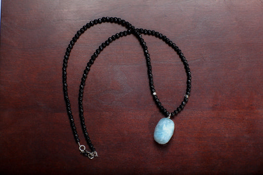 Aquamarine Pendant Necklace, Genuine Aquamarine Faceted Free Form Pendant with Black Onyx Faceted Rondelle 22&quot; Necklace