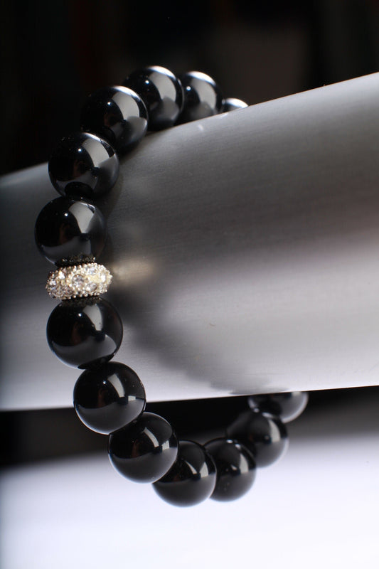 Black Onyx 12mm with Rhinestone spacer, Natural Gemstone, Healing, Yoga, Crystal Chakra Stretch Bracelet 8&quot;