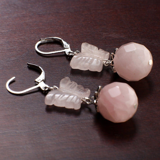 Natural Madagascar Rose Quartz handcraft Butterfly Dangle with faceted 14mm round bead Leverback earrings, valentine love gift