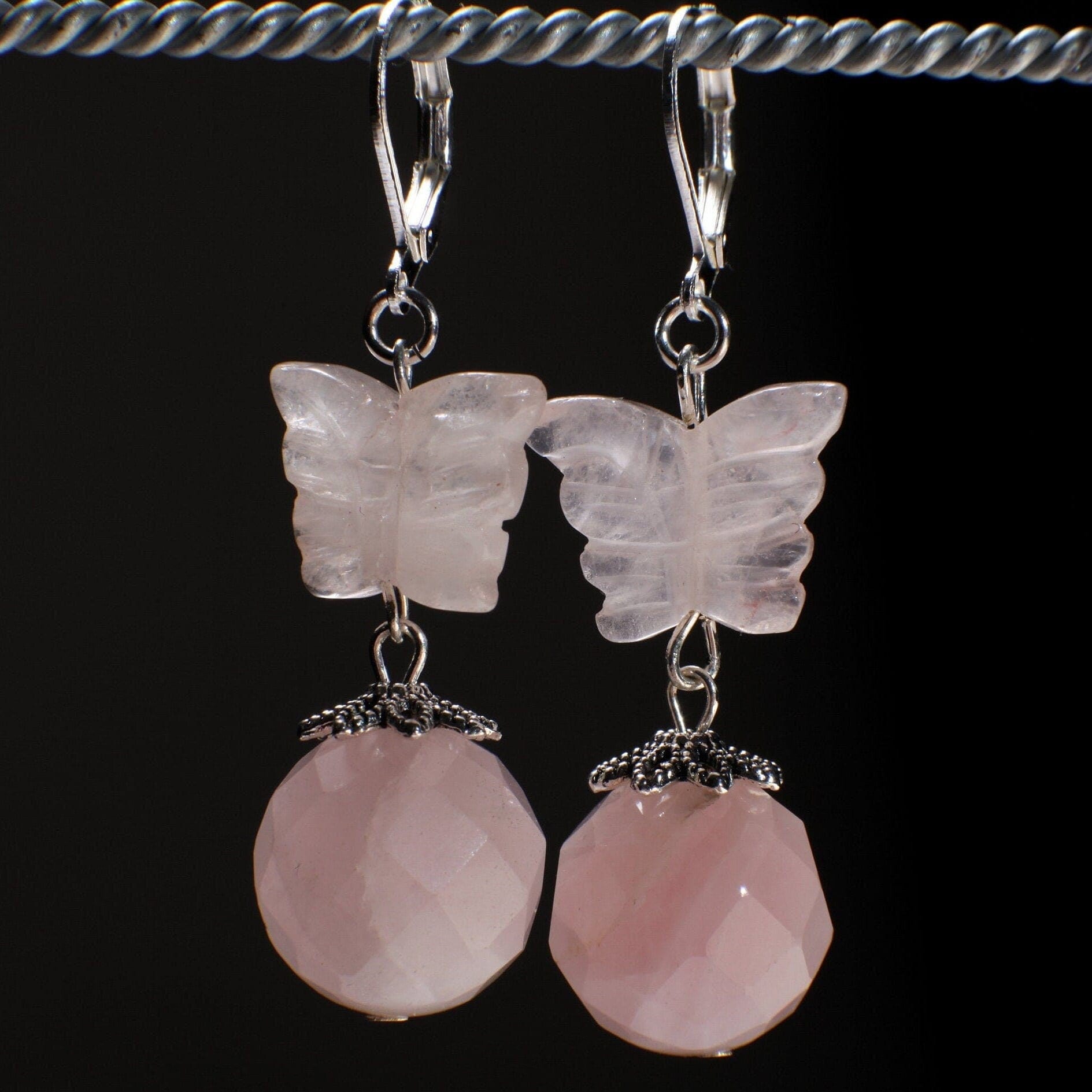 Natural Madagascar Rose Quartz handcraft Butterfly Dangle with faceted 14mm round bead Leverback earrings, valentine love gift