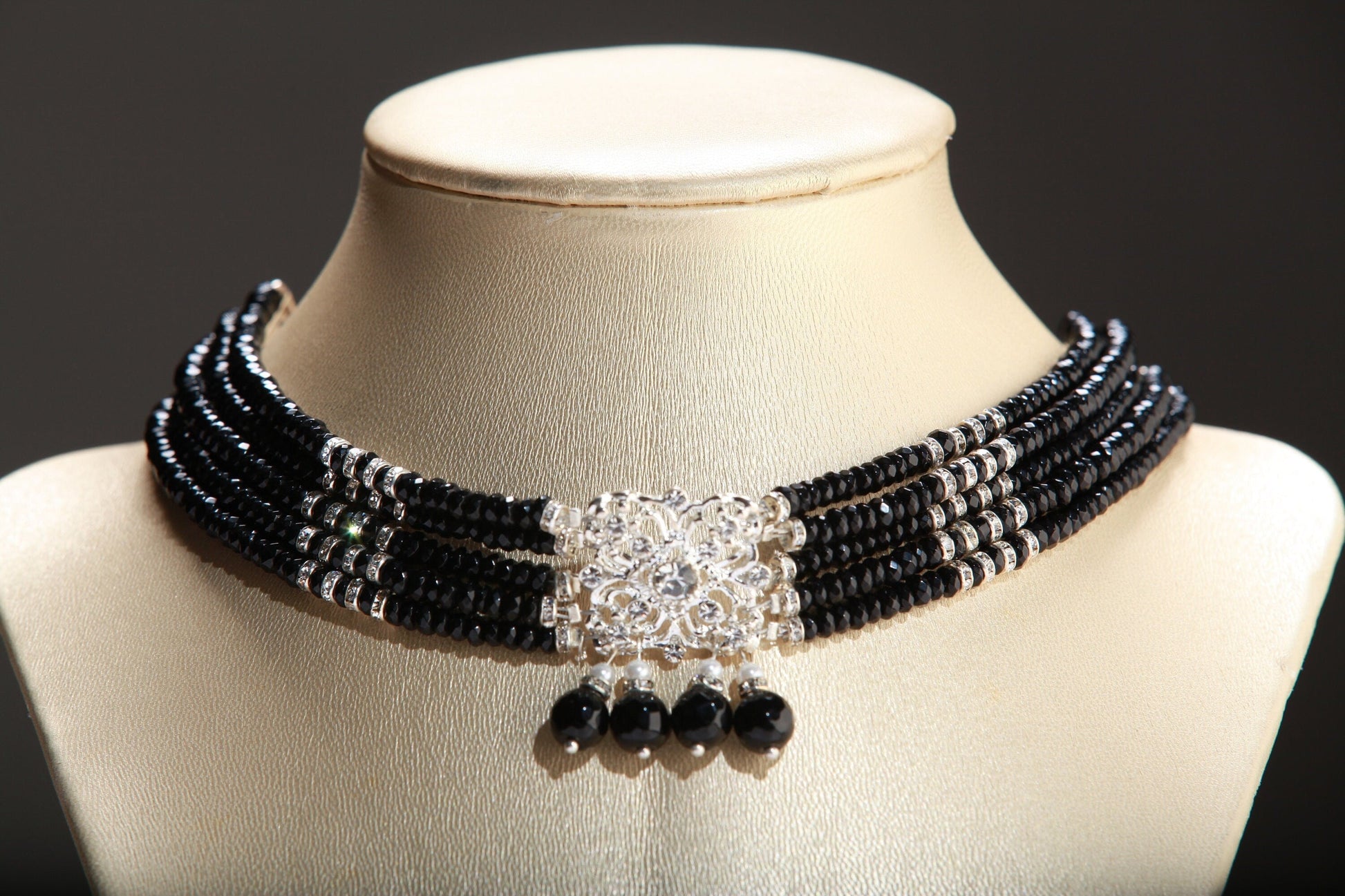 Black Onyx Rhinestones Roundel with Crystal Statement piece and Dangling Onyx Adjustable 5 line Multi Strand Choker 12.5&quot; to 15&quot;