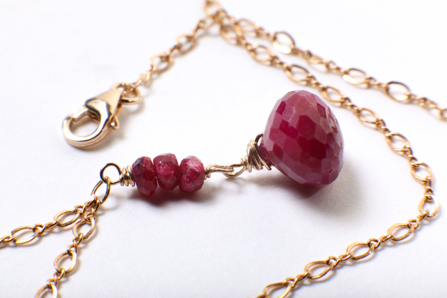 Ruby Onion Drop Briolette, Genuine Ruby Wire Wrapped Faceted 9-10mm Onion drop Ruby Rondelle in 14K Gold Filled Figure 8 Chain Necklace gift