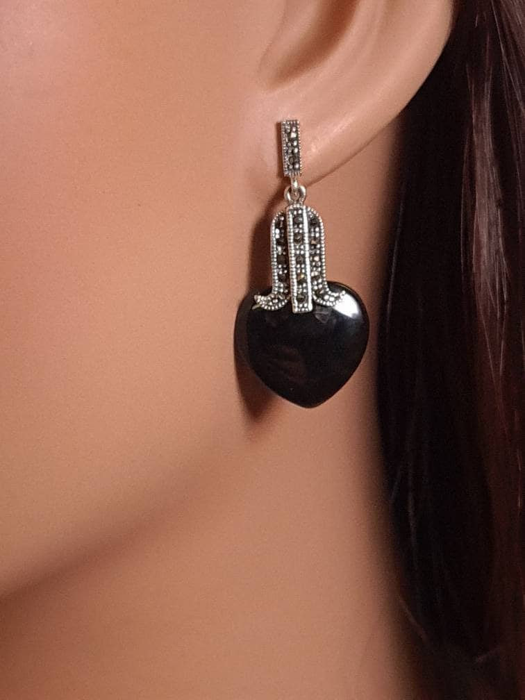 Marcasite 925 Sterling Silver Earrings Post with Dangle Black Onyx Heart Shape 17mm Vintage, Antique Marcasite Earrings Gift for her