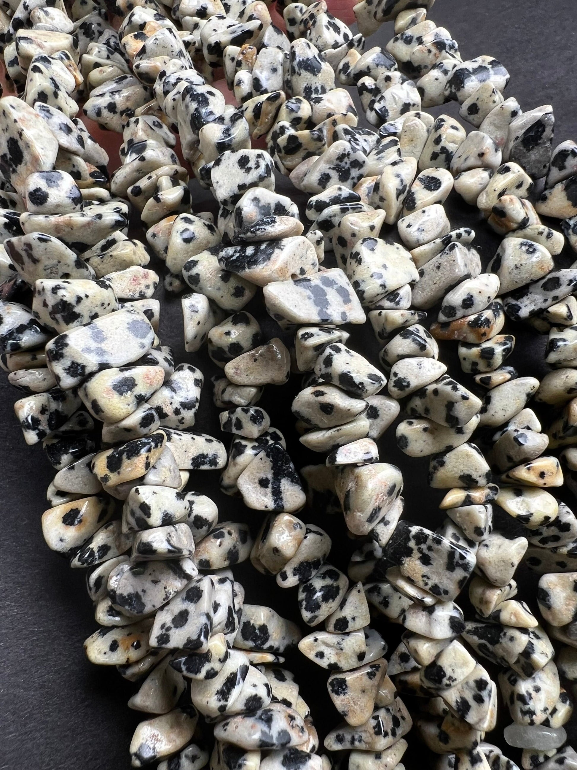 Dalmatian jasper raw freedom smooth nugget chip 4-8mm bead. 15” strand natural gemstone